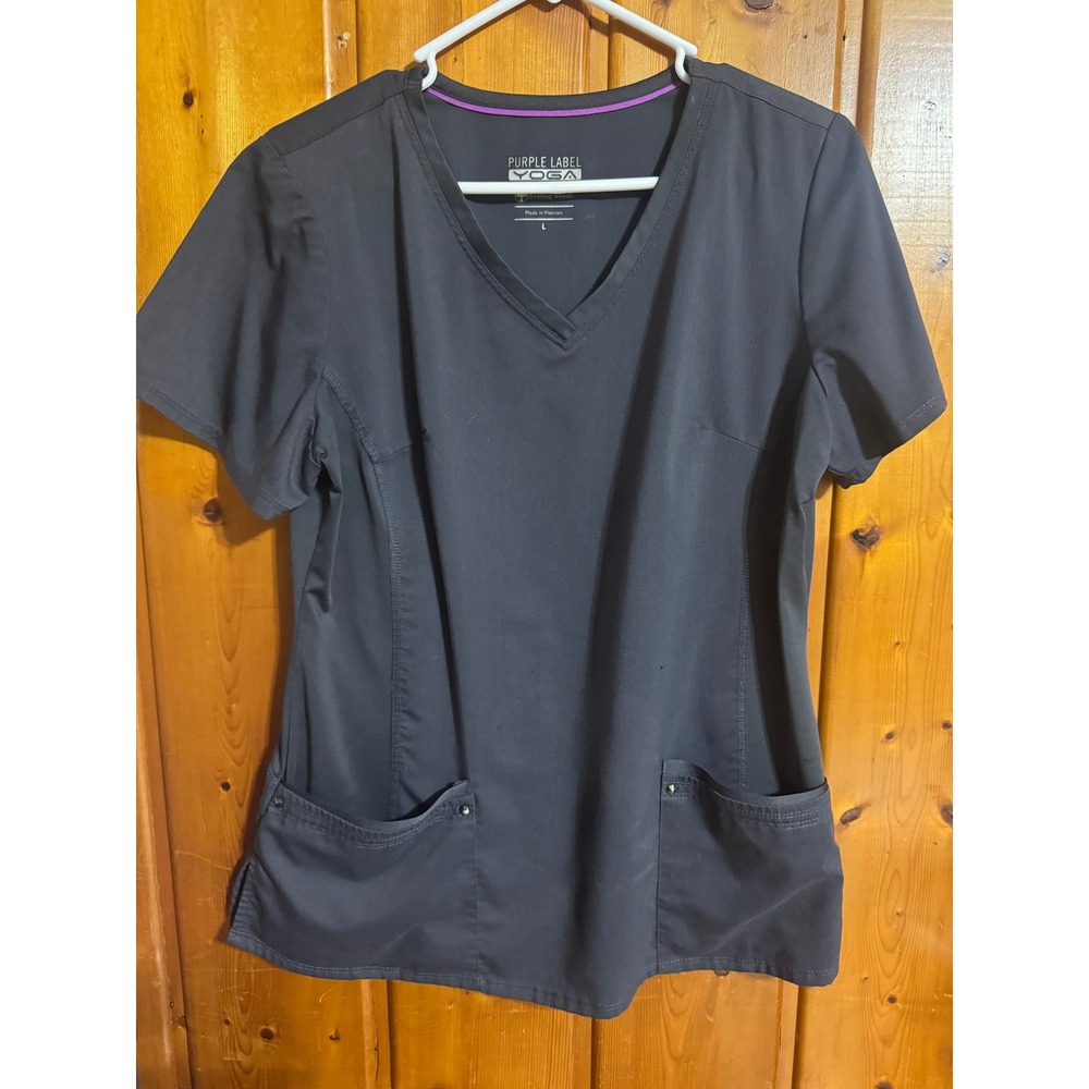 Healing Hands Purple Label Yoga Scrub Top Charcoal Grey V-Neck Large
